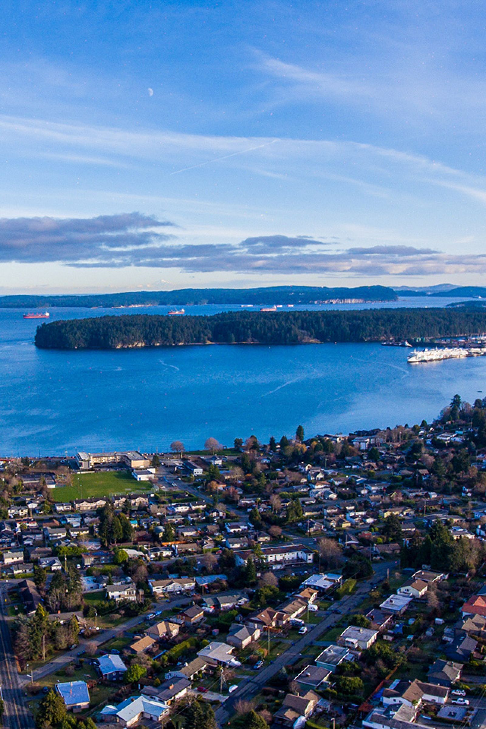 Aerial view of downtown Nanaimo harbour overlooking Newcastle Island and Gabriola Island, BC